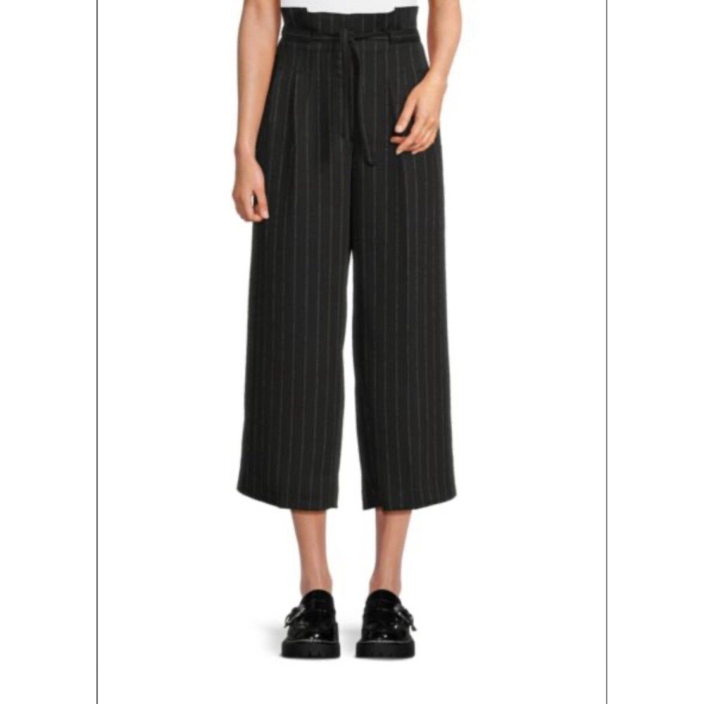 DKNY Women's Black Striped Cropped Paperbag-Waist Pants Petite Size 14P NWT